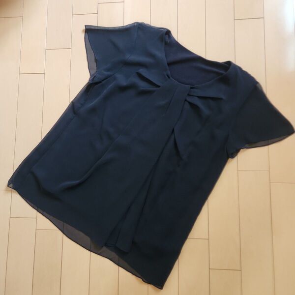 【美品】COMME CA ISM シフォンブラウス 半袖 ネイビー M 上品 コムサイズム