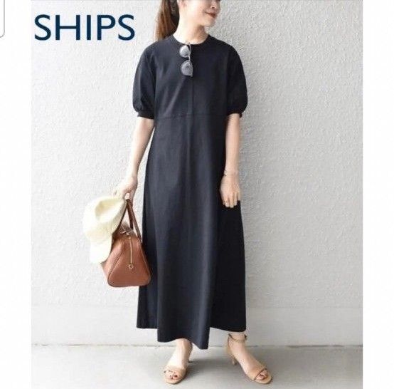 シップス SHIPS USAコットン切替ボリュームスリーブワンピース UVカット 半袖ワンピース