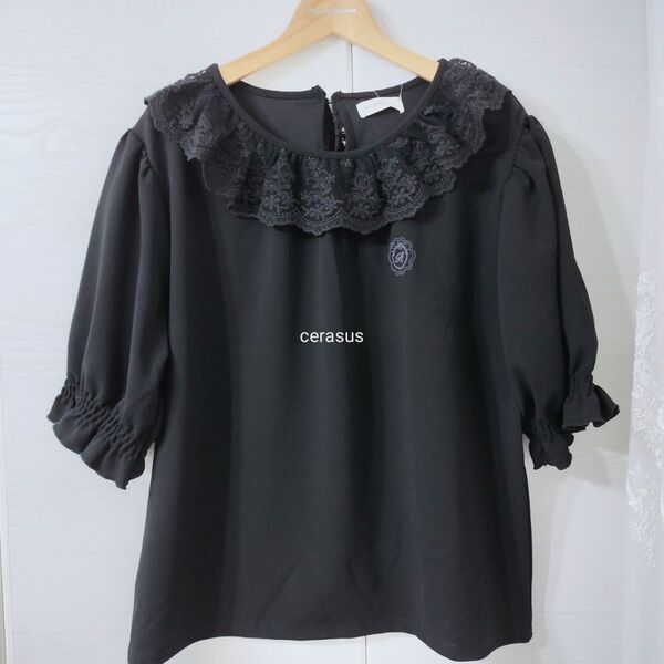 LL 青木美沙子 半袖プルオーバー 襟レース 黒 しまむら Tシャツ ロリータ ブラウス 5分袖