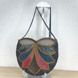 良品★ ビーズ刺繍 ポシェット ショルダーバッグ 黒 ブラック レトロ 斜めがけ 鞄 小ぶり 1点物