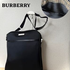超美品★ BURBERRY バーバリー ショルダーバッグ 黒 ブラック シルバー ノバチェック柄 A4収納 ナイロン 鞄