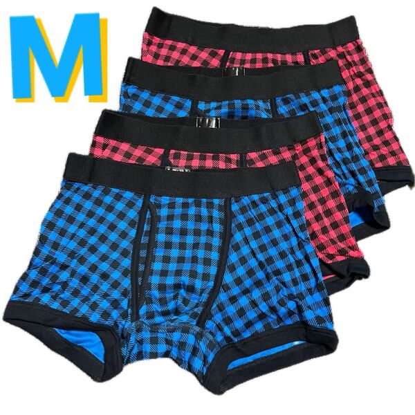 M●4枚●メンズ前開きボクサーブリーフ/ボクサーパンツ★チェック柄★ブルー2枚&レッド2枚