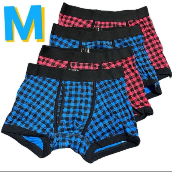 M●4枚●メンズ前開きボクサーブリーフ/ボクサーパンツ★チェック柄★ブルー2枚&レッド2枚