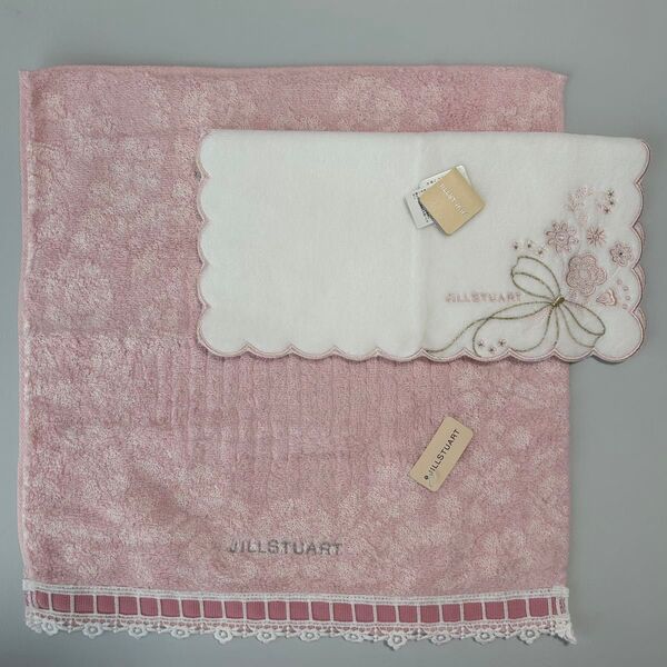 新品2枚 ジルスチュアート JILLSTUART タオルハンカチ ハンドタオル ロゴ 刺繍 レース 花柄 リボン 花束 ピンク