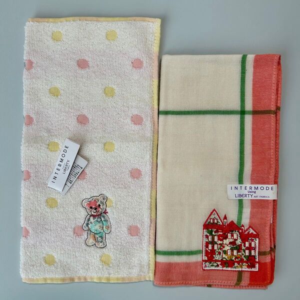 新品2枚 インターモードユージングリバティ タオルハンカチとガーゼハンカチ ハンドタオル くま クマ 片面ガーゼ おうち ドット
