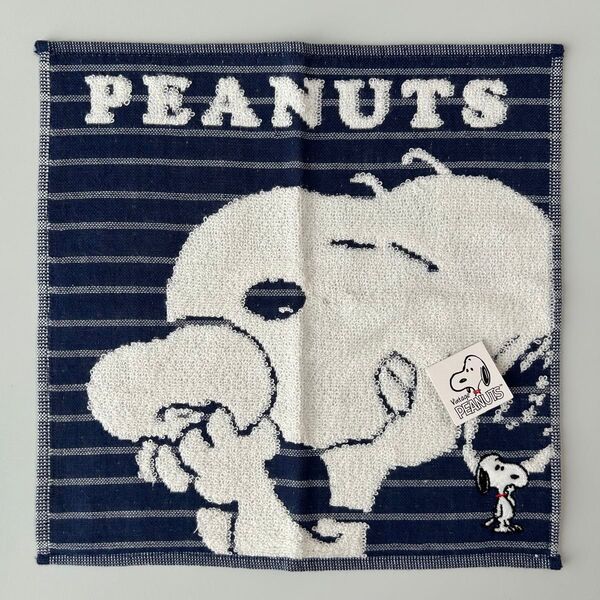 新品 スヌーピー ピーナッツ SNOOPY PEANUTS タオルハンカチ ハンドタオル アップリケ ボーダー ネイビー