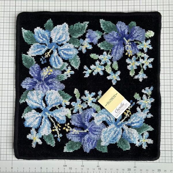 新品 オノエメグミ M.ONOE シェニール織 タオルハンカチ ハンドタオル 花柄 シュニール織 ハイビスカス ブルー ブラック