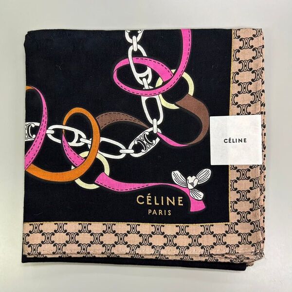 新品 セリーヌ CELINE 大判ハンカチ 透かし マカダム トリオンフ ロゴ チェーン ベルト リボン ブラック ピンク