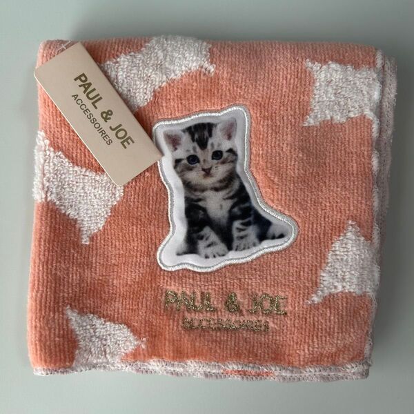 新品 ポール&ジョー タオルハンカチ ハンドタオル ネコ 猫 ねこ ロゴ 刺繍 アップリケ ピンク