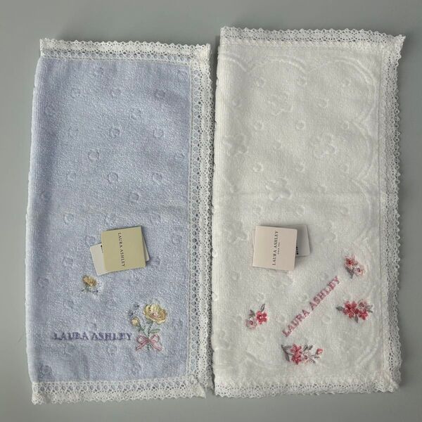 新品2枚セット ローラ アシュレイ LAURA ASHLEY タオルハンカチ ハンドタオル レース 花柄 刺繍 総柄