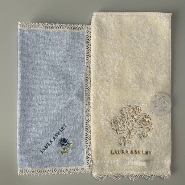 新品2枚セット ローラ アシュレイ LAURA ASHLEY タオルハンカチ ハンドタオル レース 花柄 刺繍 総柄 ばら 無撚糸