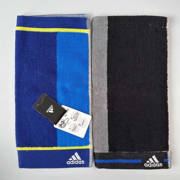 新品2枚セット アディダス adidas タオルハンカチ ハンドタオル ブルー 黒 グレー パネル 抗菌防臭 スポーツタオル