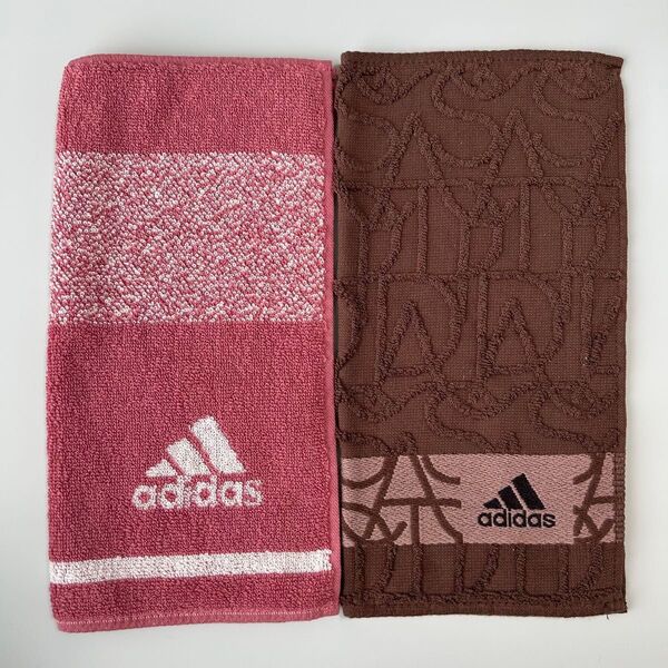 新品2枚セット アディダス adidas タオルハンカチ ハンドタオル ロゴ 総柄 ピンク ブラウン スポーツタオル