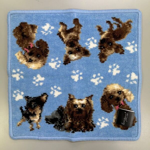 新品 アーンジョー Enjeau シェニール織 タオルハンカチ ハンドタオル 犬 ドッグ パピー わんこ ブルー