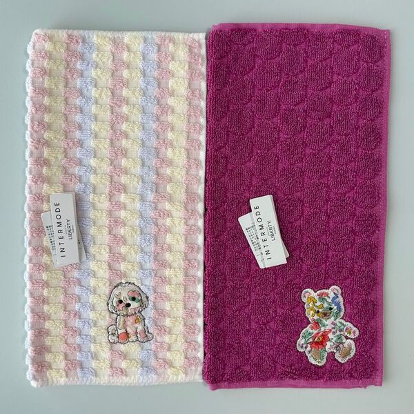 新品2枚セット インターモード ユージング リバティ タオルハンカチ ハンドタオル クマ くま 犬 いぬ わんこ