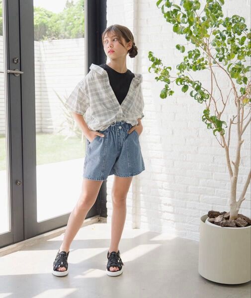 GLOBAL WORKハイウエストデニムキュロット ブルー