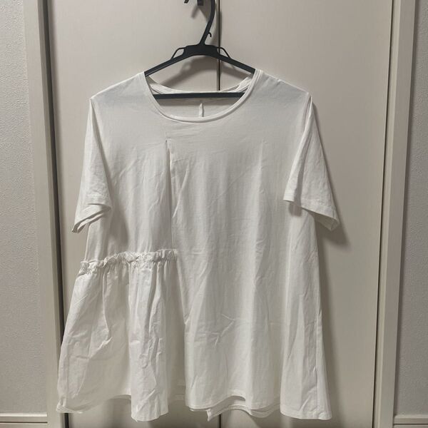 半袖 Tシャツ カットソー 半袖Tシャツ クルーネック 無地 異素材 フレア