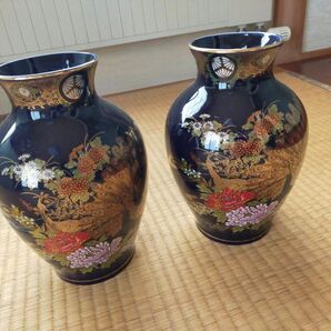 花瓶 壺 孔雀と花柄 ネイビー 2個セット