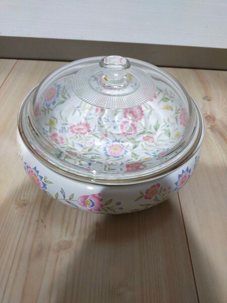 ホーロー鍋 ガラス蓋 花柄 未使用