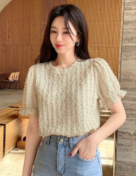 アプリコット パフスリーブ 半袖 Tシャツ フリル カットソー ブラウス ぽこぽこ