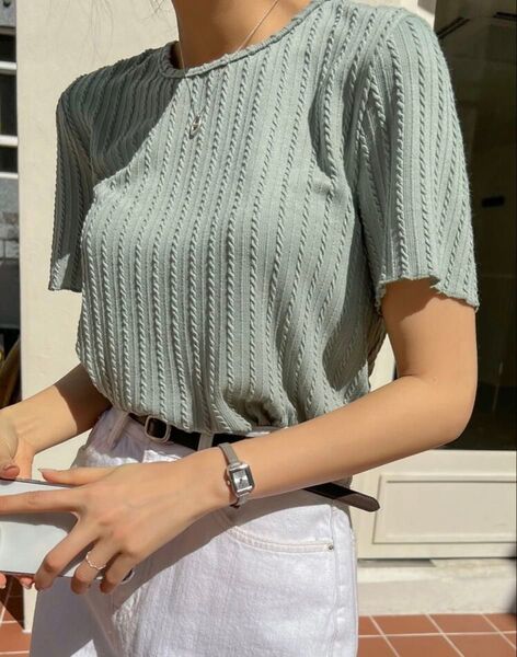 レタスカット ミントグリーン トップス ソリッド テクスチャー Tシャツ カットソー