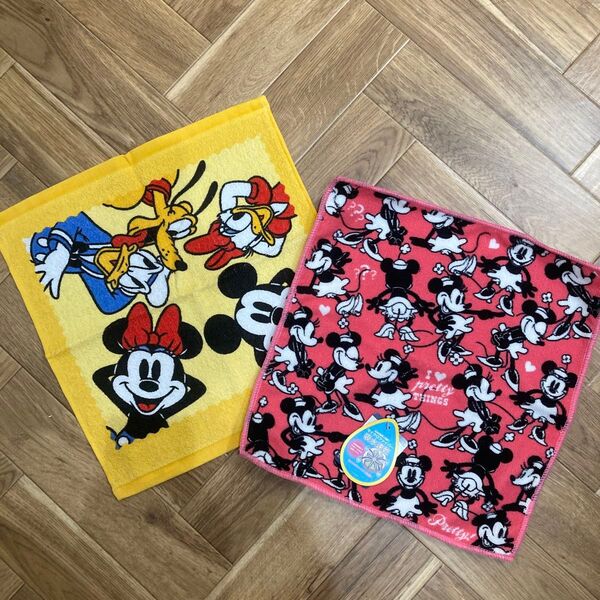 【未使用】Disneyハンドタオル2枚セット ウォッシュタオル ※ピンクはマイクロファイバーで吸水速乾 ※黄色は綿100%