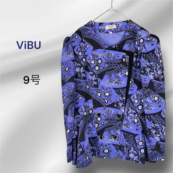 ViBU ジャケットシャツ トップス アウター 花柄 9号 パープル 着物柄 和柄 総柄 日本製 重ね襟 青紫 バブリー y2k