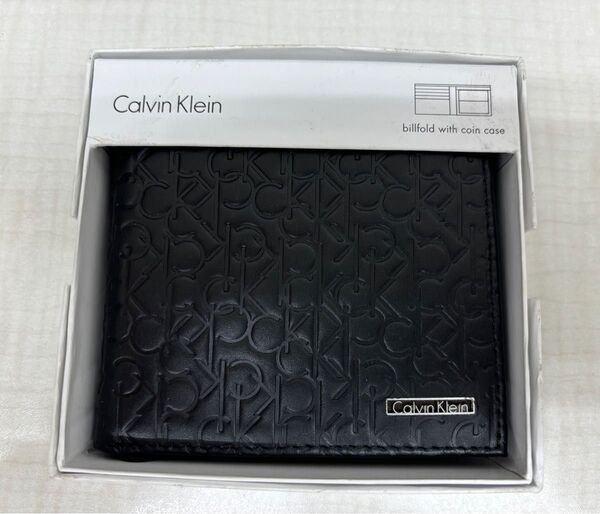 【新品未使用】カルバンクライン2折小銭入付財布74285BK billfrold with coin case 型押レザー 箱入