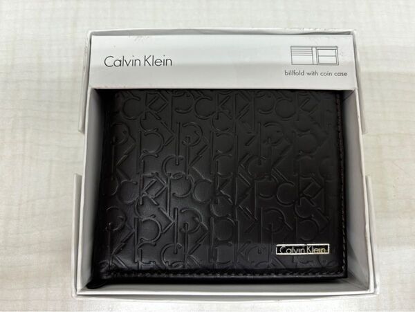 【新品未使用】カルバンクライン2折小銭入付財布74285BR billfrold with coin case 型押レザー 箱入
