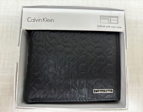 【新品未使用】カルバンクライン2折小銭入付財布74285BK billfrold with coin case 型押レザー 箱入