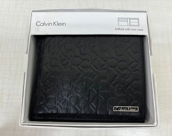 【新品未使用】カルバンクライン2折小銭入付財布74285BK billfrold with coin case 型押レザー 箱入