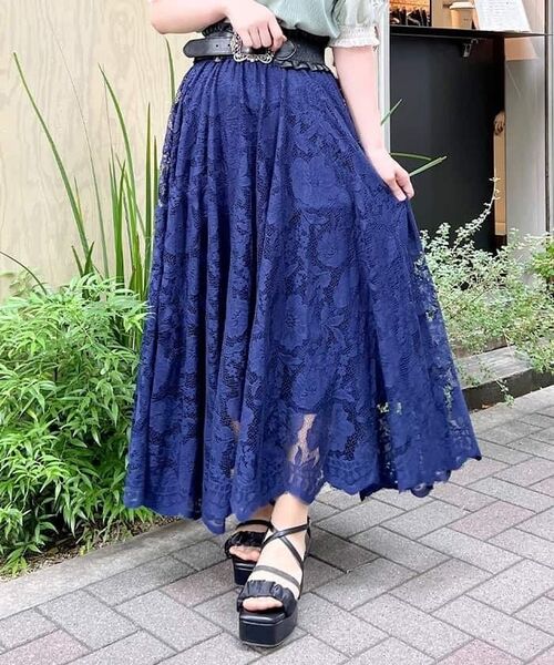 axes femme☆レースサーキュラースカート 紺色