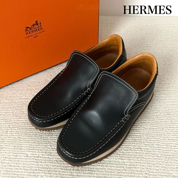 HERMES エルメス スリッポン 靴 レザー 黒 24cm 37