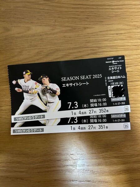 7月3日ホークス観戦ペアチケットA指定席 エキサイトシート