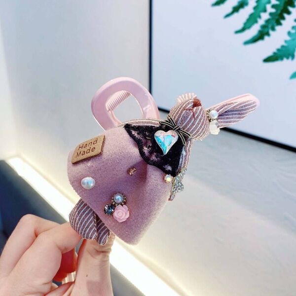 うさぎ ピンク ワンピース キラキラ バンスクリップ ヘアアクセサリー ヘアクリップ 結婚式 ハンドメイド ヘアアクセ