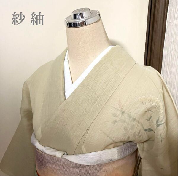 素敵な夏の訪問着 柳茶裾ぼかし 亜麻色紗紬 女郎花秋草文様 紗紬付下げ 訪問着