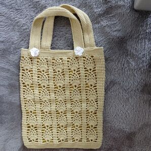 ハンドメイド メッシュバッグ かぎ針編み お花モチーフ ベージュ