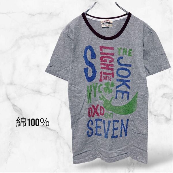 半袖tシャツ 綿100(M)プリント 英語 uネック 日本製 グレー 薄手軽い 春夏秋 コットン トップス カットソー カジュアル