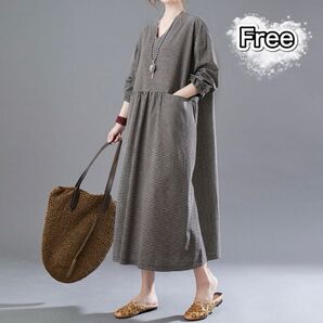 ワンピース ロングワンピース チェック柄 前ポケット ロングスカート ゆったり 大きめ 着痩せ 前ポケット モノトーン マタニティ