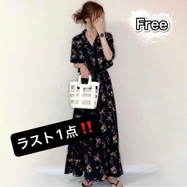 ロングワンピース 黒 花柄 総柄 半袖 Aライン ウエストゴム ハイウエスト マキシ丈 ゆったり 着痩せ効果 細見え 体型カバー