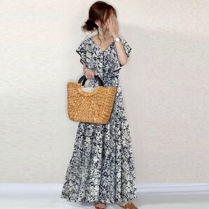 ロングワンピース 花柄 マキシ丈 体型カバー ゆったり 着痩せ効果 フリル Aライン ハイウエスト 半袖 総柄 リゾート 夏
