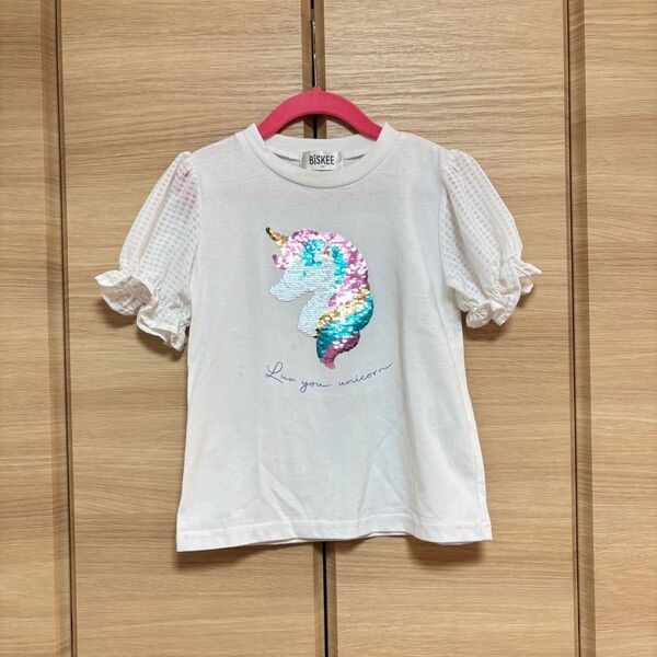 Tシャツ 120 半袖 ホワイト ユニコーン スパンコール 女の子 ビーズ