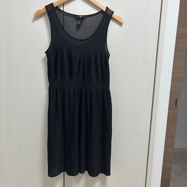 H&M ノースリーブワンピース 膝丈 プリーツ ブラック 黒 S〜M 裏地あり