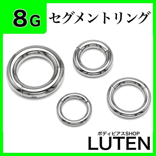8G セグメントリング シルバー ヒンジ付きワンタッチ クリッカー フープ 拡張 ハイゲージ サージカルステンレス ボディピアス
