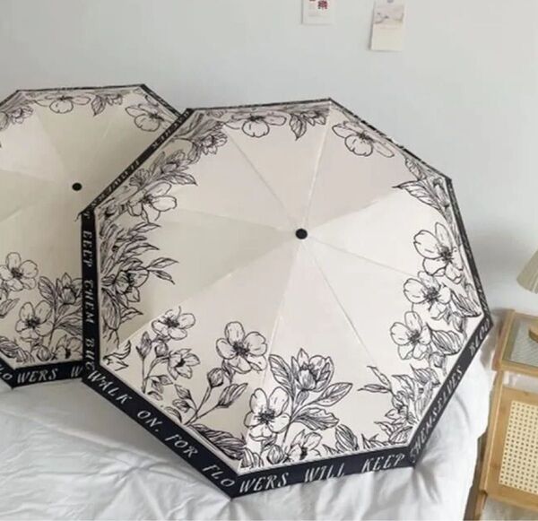 折りたたみ日傘 晴雨兼用傘 白黒 折り畳み傘 UVカット 花柄