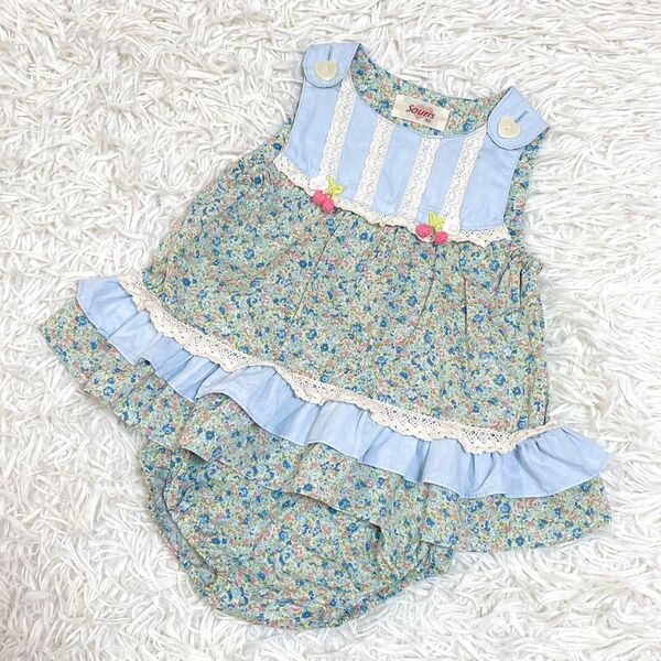 souris ボーダー ブルー ミルキースーツ 花柄 80 チュニック ジャンパースカート 刺繍 ワンピース 子供服 ベビー