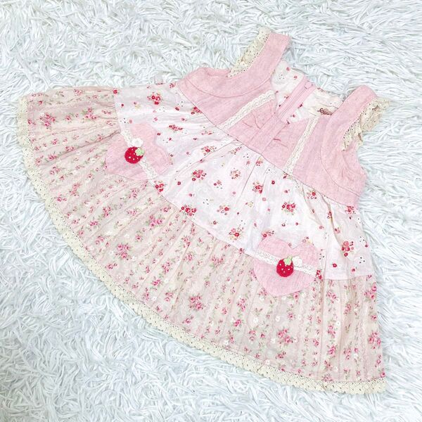 レア souris アンティーク ピンク ミルキースーツ 花柄 90 チュニック 刺繍 ワンピース 子供服 ベビー スーリー