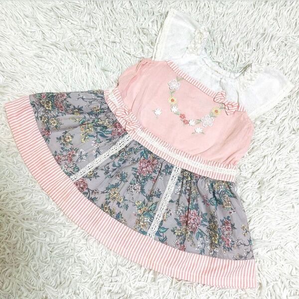 美品 souris 90 花柄 ピンク ワンピース スーリー 子供服 キッズ チュニック ミルキースーツ 女の子
