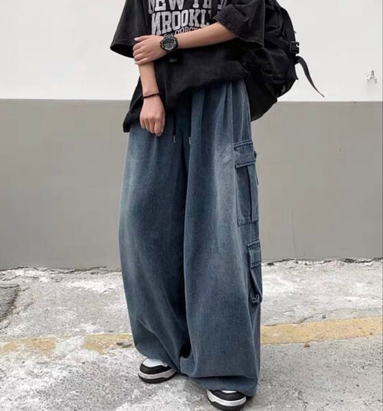 デニム カーゴパンツ ユニセックス ワイドパンツ サイドポケット ストリート系 ジーンズ ゆるだぼ カーゴパンツ