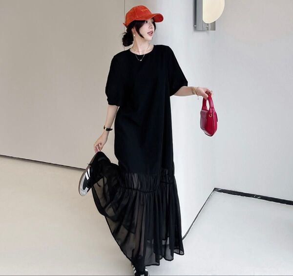 シースルー マキシ丈 ティアードワンピース ドッキング 切り替え ふわん袖 黒 ロング ブラック 2XL 体型カバー ゆったり